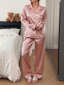 Napfluff Women's Minimalist Elegant Black Polka Dot Print Long Sleeve Pants Pajama Set - Multicolor - View 4