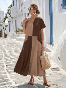Faunlyn Women's Vacation Casual Tropical Minimalist Colorblock Patchwork Dress Shades Of Brown Summer Picnic - Brown - View 4