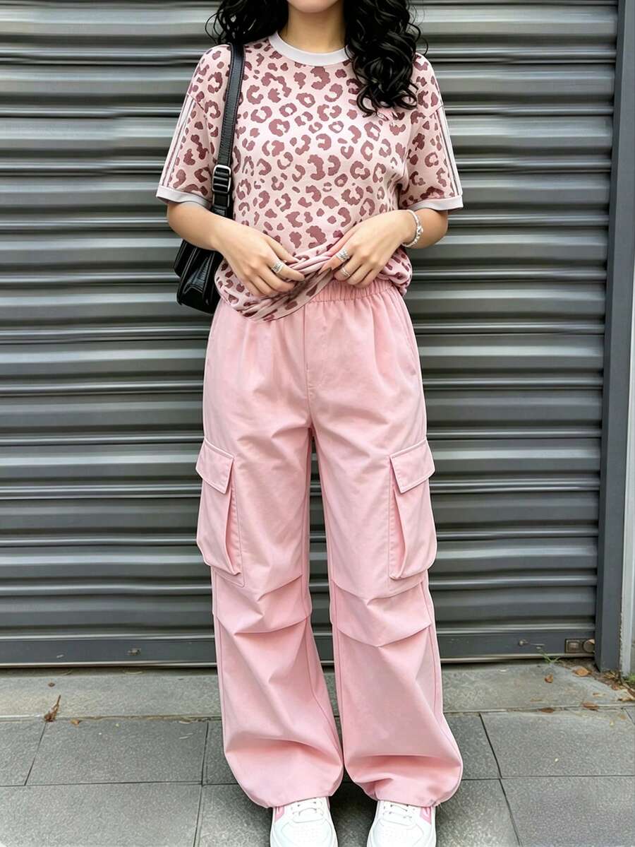 SHEIN Teen Girl Leopard Print Striped Colorblock Short Sleeve T-Shirt And Loose Cargo Pants Set - Pink - View 1