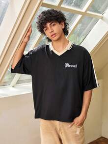 Whitmere Men's Patchwork Vintage Pattern T-Shirt With Special Character Print, Suitable For Daily Wear - Black - View 5