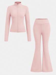 SHEIN Girlism Teen Girls 2pcs Set Zipper Solid Color Long Sleeve Top And Long Pants,Casual Sports Fashion Suit - Dusty Pink - View 12