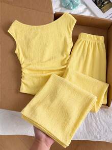 SHEIN 青少年女孩背心上衣套裝 T-shirt，不對稱肩部設計，度假穿搭，休閒舒適日常款 - 黃色 - 查看 3