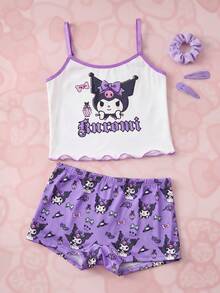 HELLO KITTY AND FRIENDS | SHEIN 少女可爱卡通印花吊带背心和全身印花平角内裤套装 - 紫色 - 查看 1