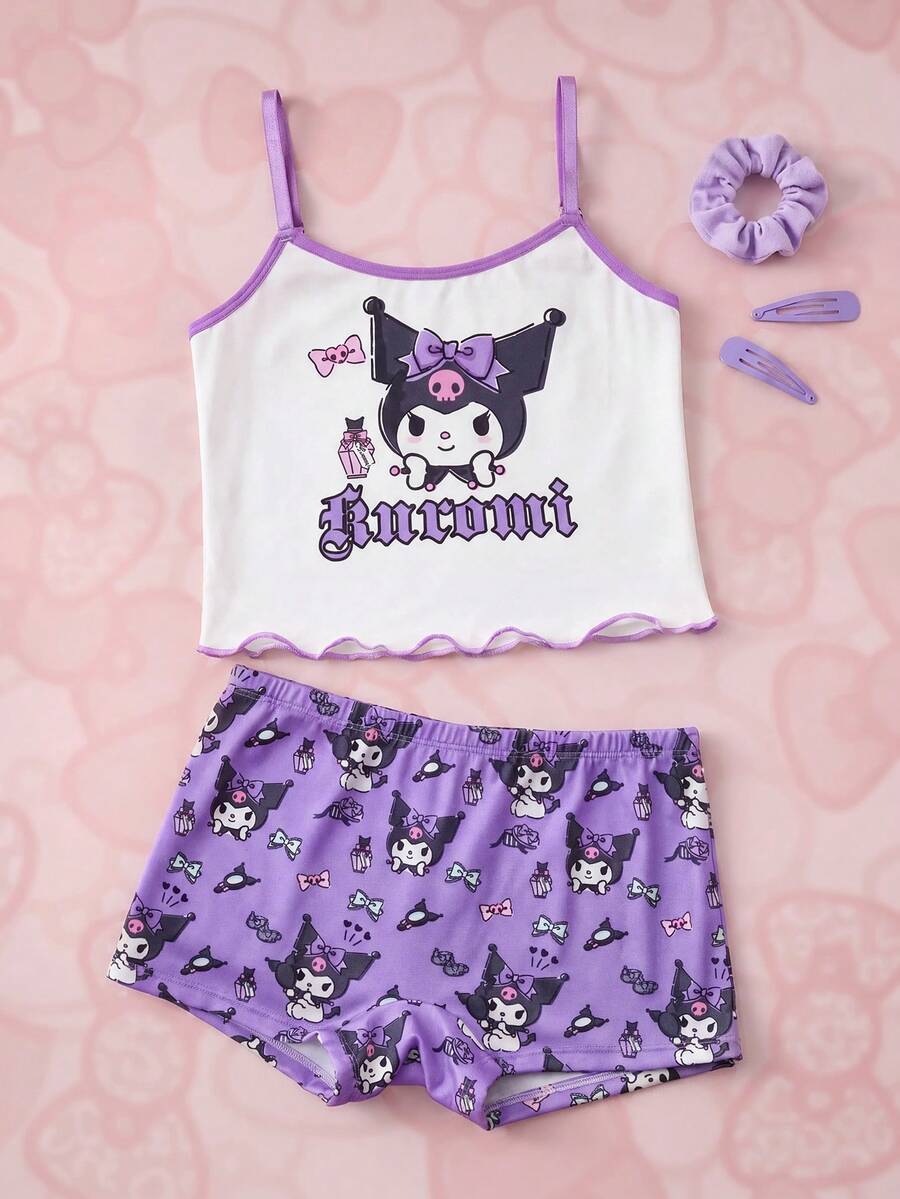HELLO KITTY AND FRIENDS | SHEIN 少女可爱卡通印花吊带背心和全身印花平角内裤套装 - 紫色 - 查看 1