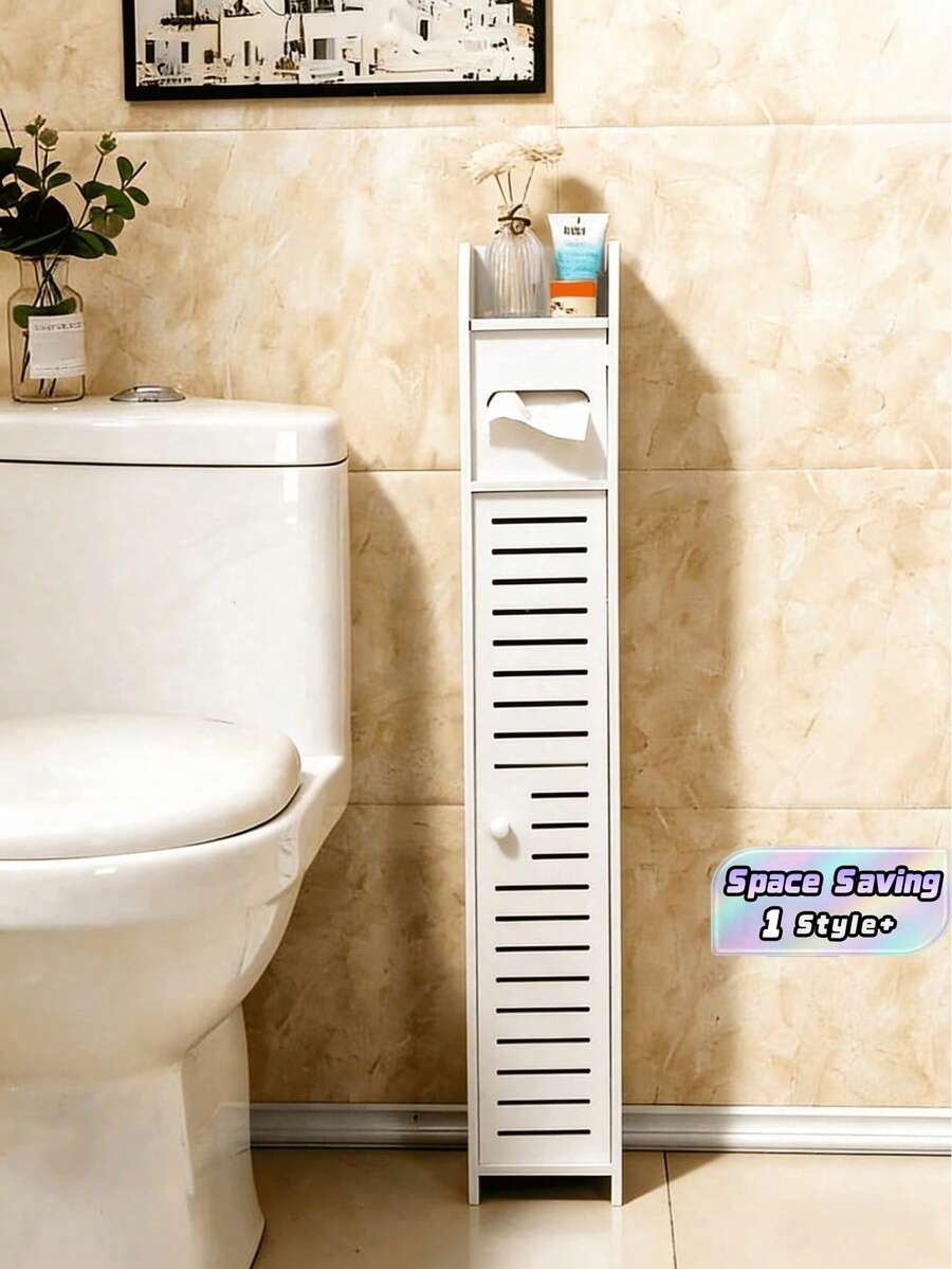 1PC Modern White Waterproof Freestanding Narrow Bathroom Cabinet With Toilet Paper Holder Door Shelf For Home Kitchen Storage - Multicolor - View 1