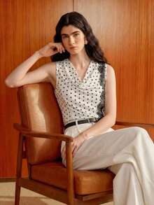 SHEIN Women's Polka Dot Cowl Neck Patchwork Lace French Elegant Sleeveless Top - Black and White - View 6