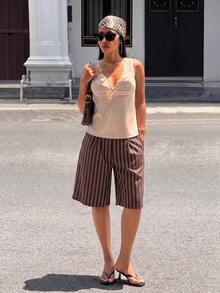 Slaydiva Women's Casual Commute Striped Bermuda Shorts - Brown - View 7