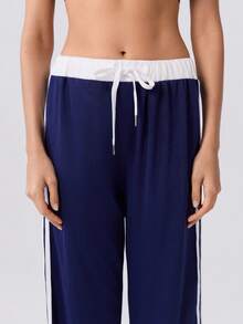 Loungeista Women's Spring/Summer Contrast Color Patchwork Drawstring Straight Leg Pants, Casual Homewear Sports Minimalist Classic Suitable For Outdoor Wear - Multicolor - View 6