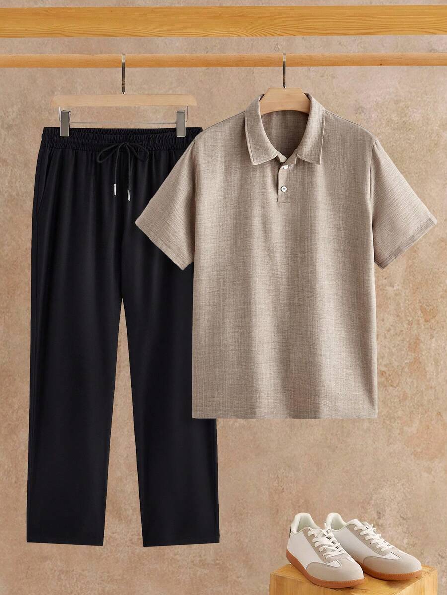 HIMLAND 男士兩件套 Polo 衫套裝,短袖 Polo 衫休閒夏季男裝,亞麻紋理上衣配黑色抽繩長褲 - 棕色 - 查看 1