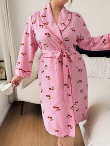 Napfluff CURVE Napfluff CURVE Plus Size Cherry Print Lapel Tie Striped Robe - Multicolor - View 6