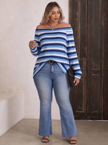 SHEIN LUNE New Plus Size Women's Fashion Casual Off-Shoulder Long Sleeve T-Shirt - Multicolor - View 4