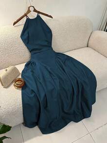 Selianne Damen-Kleid in Kaffeebraun, einfarbig, mit Neckholder, Cut-out-Schultern, geraffter Taille, Seitennähten, rückenfrei und Bindeband, mittellang, elegant, französischer Vintage-Stil, formell, für Büro, Pendeln, Business Casual, Strand, Urlaub, Nachmittagstee - Taubenblau - Übersicht 4