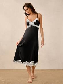 Hourtrue Vestido de satén con encaje de color contrastante, elegante y romántico para mujer de estilo francés maduro - Negro - Ver 4