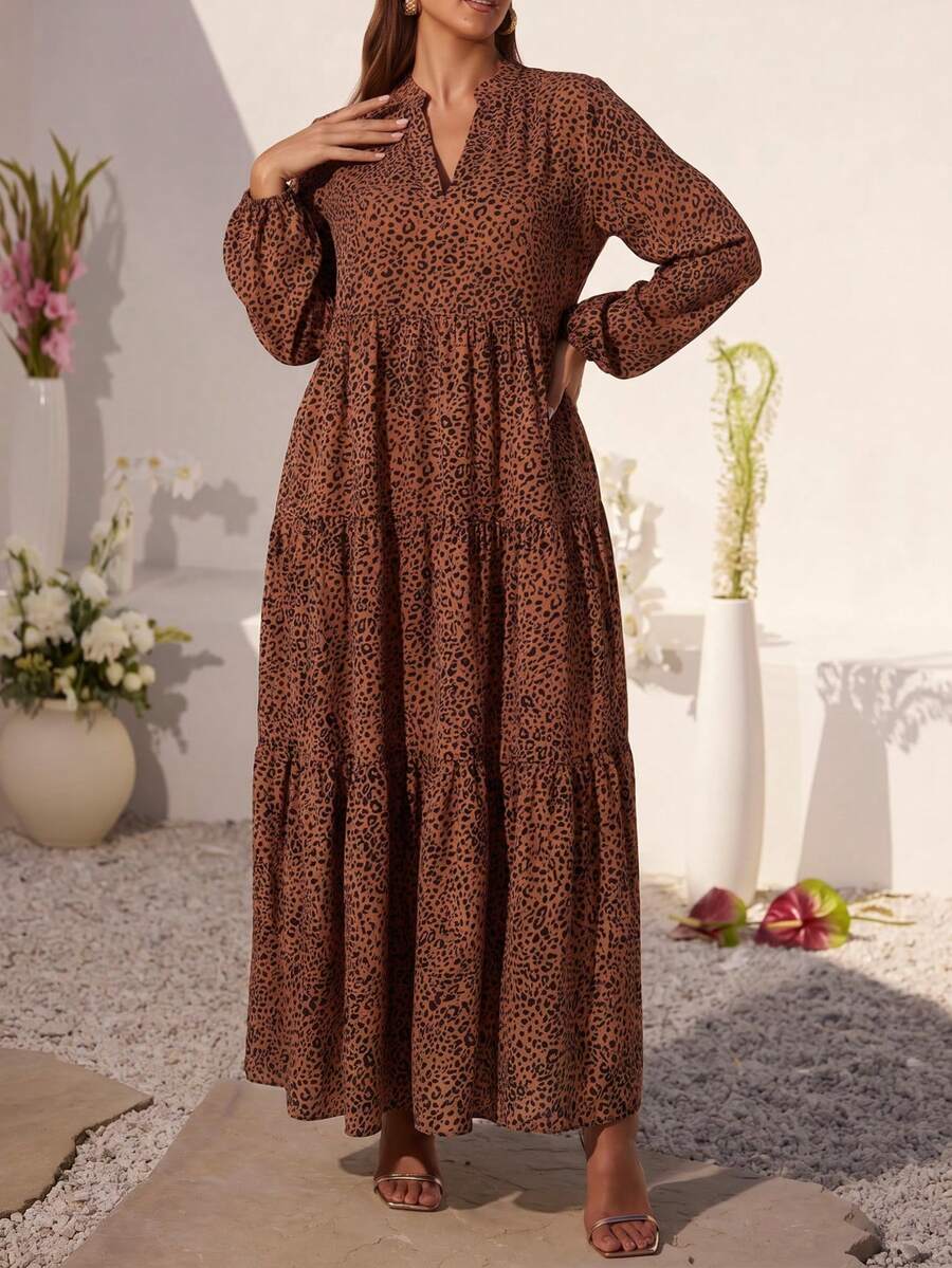 Vionelle Plus All Over Print Lantern Sleeve Ruffle Hem Smock Dress Maxi Women Outfit Fall Cloth For Women - Coffee Brown - View 1