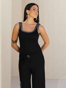Maju Mazalli Women's Fashion U-Neck Rivet Decor Camisole Top, Summer Casual Black - Black - View 3