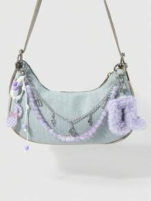 ROMWE Anime 1 Fashion Temperament Simple Purple Gradient Fine Beads Double Chain Simulation Tape Fine Flash Bow Note Braided Lace-Up DIY Keychain Bag Pendant - Purple - View 6