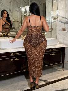 NU&NOW Gaun Panjang Prancis Plus Size Motif Macan Tutul Seksi Transparan Renda Tali Spageti Belahan Tinggi untuk Hari Valentine Musim Panas Malam Kencan Tidur dan Rave Warna Cokelat - MultiWarna - View 3