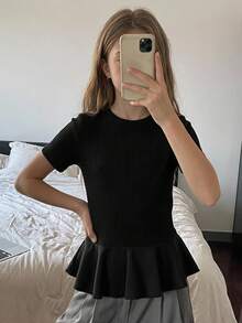 DAZY Tween Girl Summer Casual Versatile Solid Color Short Sleeve T-Shirt - Black - View 3