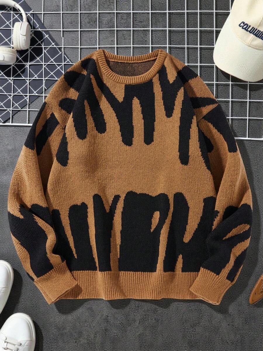 Manfinity CasualKnits 男士對比色長袖單排扣休閒街頭風針織開襟衫,棕色,適合校外度假,秋季穿搭 - 棕色 - 查看 1