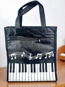 2/5pcs Piano Key Music Waterproof Oxford Cloth Tote Bag, Shoulder Bag, Shopping Bag, Travel Weekend Bag, Reusable Music Handbag, Casual Fashion, Musical Note Pattern, For School, Shopping And Commuting - Black - View 6