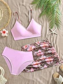 SHEIN 青少年女孩夏季海灘度假風純色兩件式比基尼套裝搭配豹紋碎花罩衫裙 3件組 - 彩色 - 查看 3