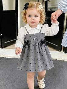 SHEIN Baby Girl Korean Style Sweet All-Over Print Bowknot 3D Decor Bow Collar Puff Long Sleeve Blouse With A-Line Pinafore Dress Suitable For Outings Holida - Grey - View 1