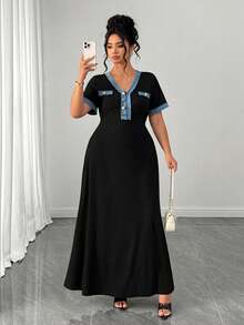 SHEIN CURVE+ Plus Size Women's Knitted Ribbed Fabric Long Dress, Short Sleeve Sexy Slim Fit Button Elegant Party Dress - Black - View 3