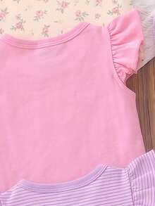 1 buah Atasan Lengan Bergelombang untuk Bayi Perempuan, Gaya Liburan Kasual, Motif Garis, Bunga, dan Pita, Kaos Cetak Warna-warni, Desain Minimalis Klasik, Modis dan Serbaguna, Cocok untuk Acara Musim Panas, Liburan, dan Pakaian Sehari-hari - MultiWarna - View 3
