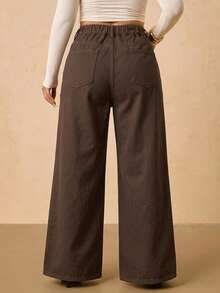 SHEIN Tall CURVE 大尺碼休閒日常穿著牛仔褲，附口袋與鈕扣 - 棕色 - 查看 2
