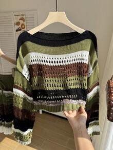 Comfortcana Setelan Sweater Rajut Berongga Warna Blok Putih dan Hijau Ukuran Besar dan Celana Pendek untuk Liburan Formal Musim Gugur Gaya Vintage 1920-an - MultiWarna - View 1