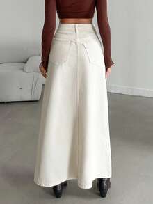 SHEIN Plus High Waist Regular Fit Button Front Casual Style Beige Color Rinse Wash Denim Skirt - Beige - View 2