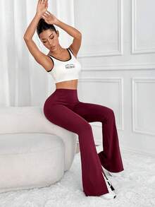 Easithlete Easithlete 女款素色高腰日常健身喇叭褲 - 酒紅色 - 查看 5