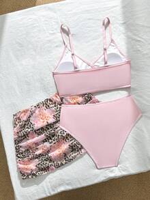 SHEIN 青少年女孩夏季海灘度假風純色兩件式比基尼套裝搭配豹紋碎花罩衫裙 3件組 - 彩色 - 查看 2