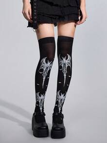 ROMWE Goth 1 par de medias hasta la rodilla blancas con diseño de murciélago gótico oscuro - Negro - Ver 5