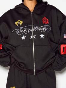 SUMWON WOMEN Central Valley Oversized Full-Zip Hoodie With Embroidered Stars Patches And American Flag Sleeve Detail - Black - View 4