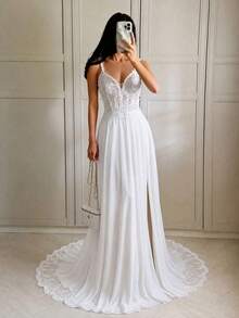 Firerie White,Summer,Elegant,Silky,Formal,Wedding Bride Luxurious Embroidery,Sequins,Lace & Chiffon Spliced Side High Slit, Open Shoulder Bridal Dress - White - View 5