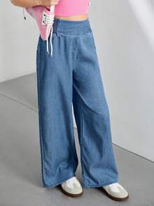 SHEIN Tween 女童夏季假日休闲高腰阔腿蓝色裤子，春秋休闲高腰阔腿宽松蓝色裤子，休闲日常穿着 - 藍色 - 查看 6