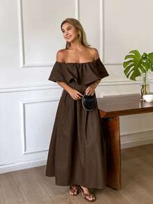 Livesso Women's Vintage Brown Solid Color Ruffle Ruffle Waist-Cinched Full Skirt Denim Dress - Brown - View 5