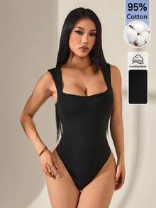 SHEIN PETITE 純色圓領背心式黑色連身衣，適合外出、夏季基礎簡約風，小碼女款 - 黑色 - 查看 4