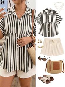 SHEIN Frenchy Camisa casual versátil de un solo pecho a rayas para mujer de talla grande - Blanco y Negro - Ver 1