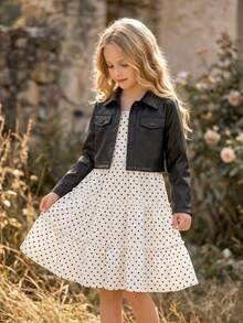 SHEIN Elladie kids 女童新款西裝領長袖外套搭配鬆緊腰 A 字版層次花卉印花吊帶洋裝 2 件套，適合休閒返校穿著 - 白色 - 查看 7