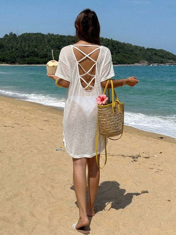 Livesso Women's Solid Color Backless Casual Vacation Cover-Up Dress