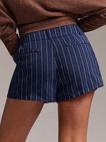 SHEIN BAE Autumn/Winter Casual Commute Striped Low Waist Shorts For Office And Daily Wear - Navy Blue - View 5