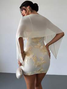 Firerie Women's Elegant Romantic Exquisite Evening Party Date Mini Dress With Mesh Shawl, Spaghetti Straps, Textured Fabric, Pale Yellow, Autumn/Winter - Pale Yellow - View 8