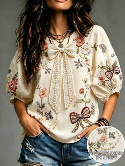 SHEIN Franclia Blusa de mujer con estampado digital en color albaricoque, cuello redondo, hombros caídos, manga 3/4, adecuada para ir al trabajo, uso diario en primavera y verano, elegante para fiestas, Día de San Valentín, blusa casual, blusa de albaricoque, ropa de resort para mujer, conjunto de vacaciones de playa para mujer, atuendo de vacaciones de verano, ropa de oficina para mujer, blusa de verano, conjunto de primavera para mujer, blusa de verano para capas, blusa elegante de mujer, blusa de trabajo de mujer, atuendo de oficina de mujer, blusa para eventos sociales/laborales