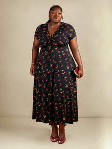 CurvyTilda Plus Size Women Casual Cherry Print V-Neck Dress,Summer Holiday Outfits,Spring Break Outfits,Carnival Women Look 2026,Going Out Outfits,Beach Outfit, Elegant, Summer Dresses - Multicolor - View 1