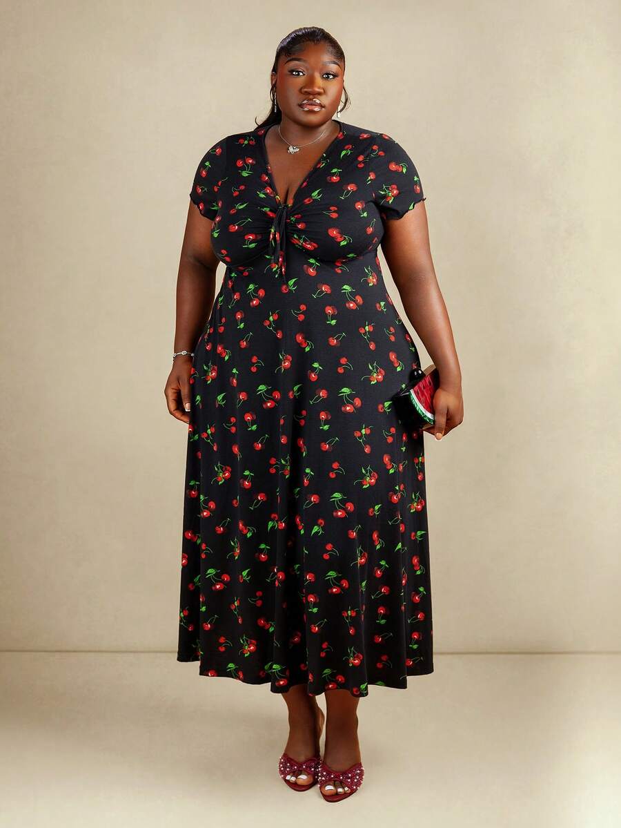 CurvyTilda Plus Size Women Casual Cherry Print V-Neck Dress,Summer Holiday Outfits,Spring Break Outfits,Carnival Women Look 2026,Going Out Outfits,Beach Outfit, Elegant, Summer Dresses - Multicolor - View 1