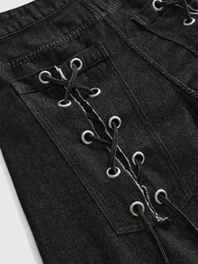 ROMWE Grunge Punk 超低腰抽繩蝴蝶結繭型寬鬆牛仔褲 - 黑色 - 查看 3