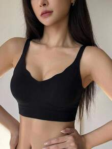 DAZY Solid Color Seamless Wavy Edge Adjustable Strap Padded Push-Up Bra For Women - Black - View 3