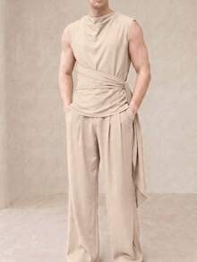 Manfinity Dauomo 301 時尚男士無袖垂領長褲兩件套，230g 健康面料，米色度假夏季日系保守哥德風 - 杏色 - 查看 2